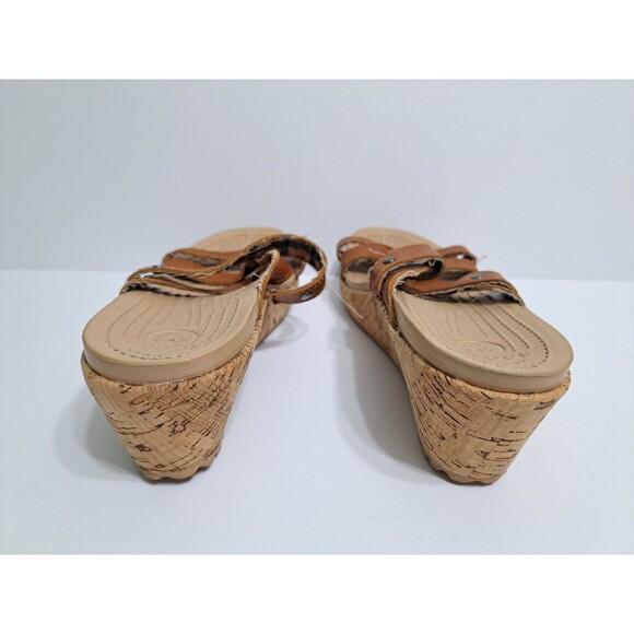 Crocs A-leigh Women's 9 Wedge Sandals Brown Leather Cork Strappy - Picture 7 of 10